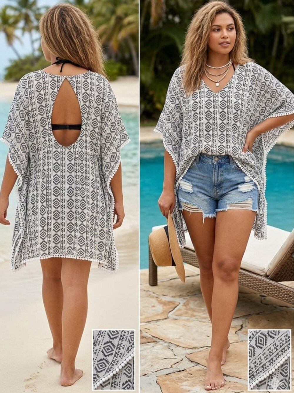 ⭐ HOST PICK✨ O'Rageous Black White Geometric Cotton Gauze Beach Coverup Kaftan M